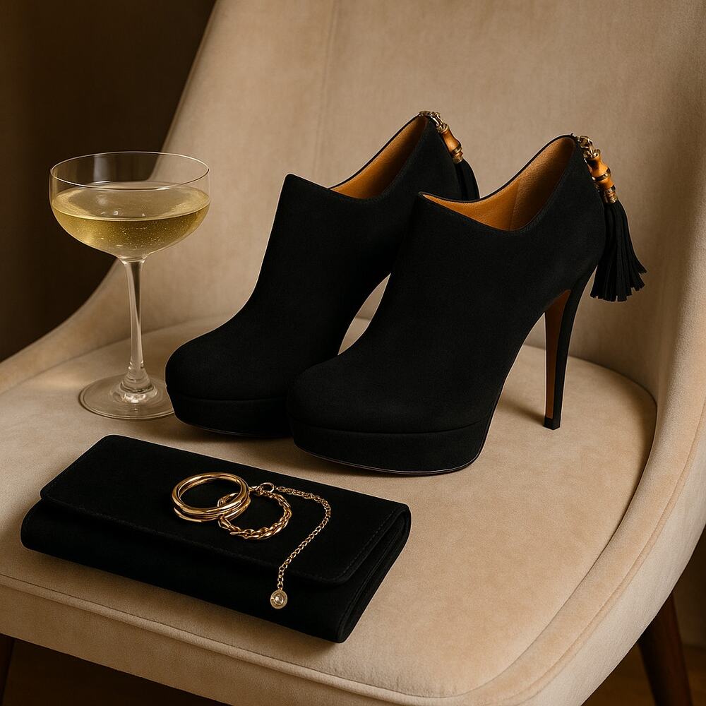 Gucci Betty High Heel Platform Bootie Size 36.5 | 6.5 Black Suede Bamboo Tassel - Picture 2 of 16